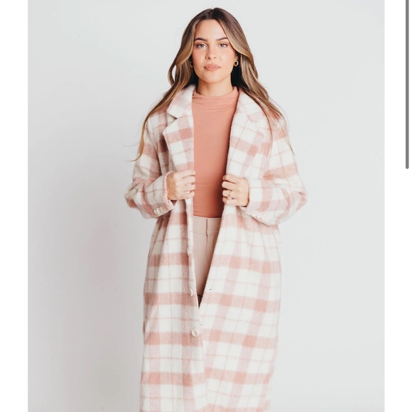 Oversized Plaid Midi Length Coat in Pink - Picture 1 of 3